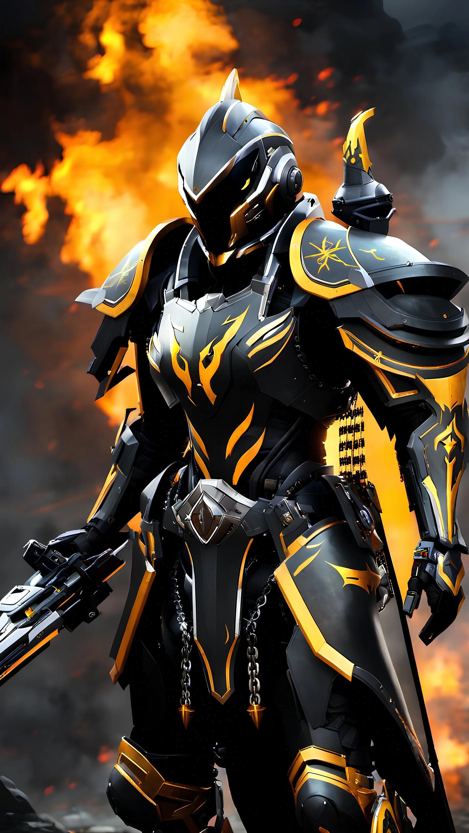 An incredible ultra advanced warframe bound by chains to the ground, with plenty of sophisticated gadgets with the whole and full body full armor with ultra sophisticated machine compagnon, background is a dark grey fog with flames in the distance, Warhammer 40K themed