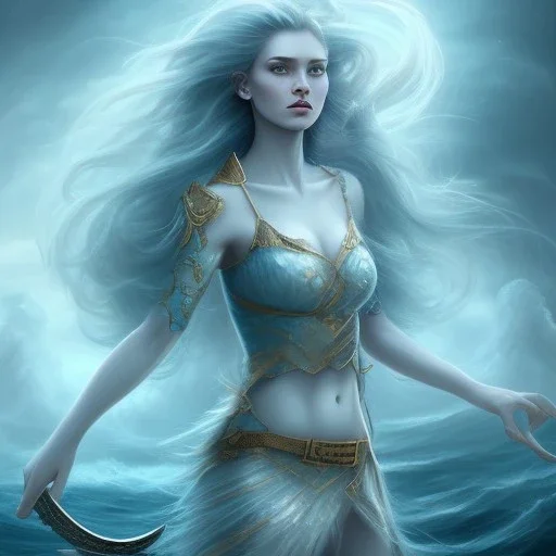 norse goddess of sea, Ran, blue hair, blue dress, ocean, storm