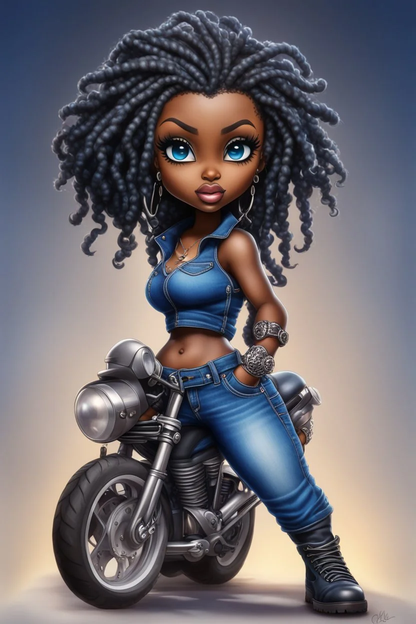 create an airbrush illustration of a chibi cartoon voluptuous black female wearing a blue jean outfit with biker boots. Prominent make up with hazel eyes. Extremely highly detail of a twisted dreadlocks. Background of a bike show.