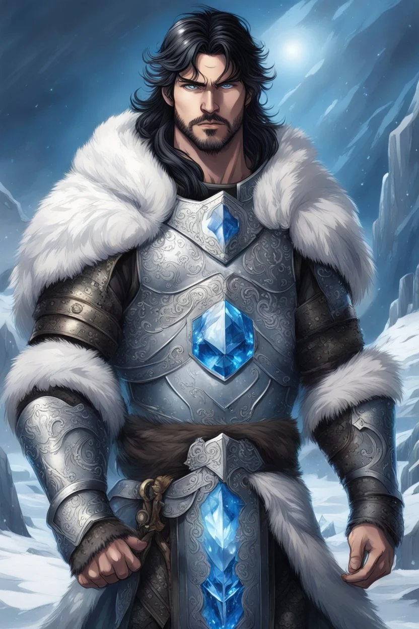 1 man, with blue eyes and black hair man in silver Viking armor with fur around the neck with blue crystal on his chest , in the artic, warrior in anime style,