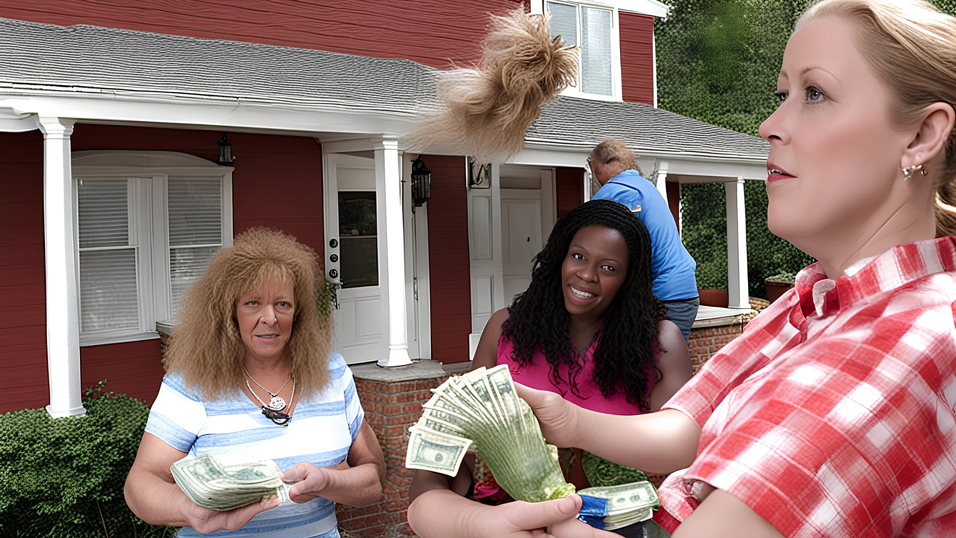 strung out young woman on porch gets cash for groceries from lady