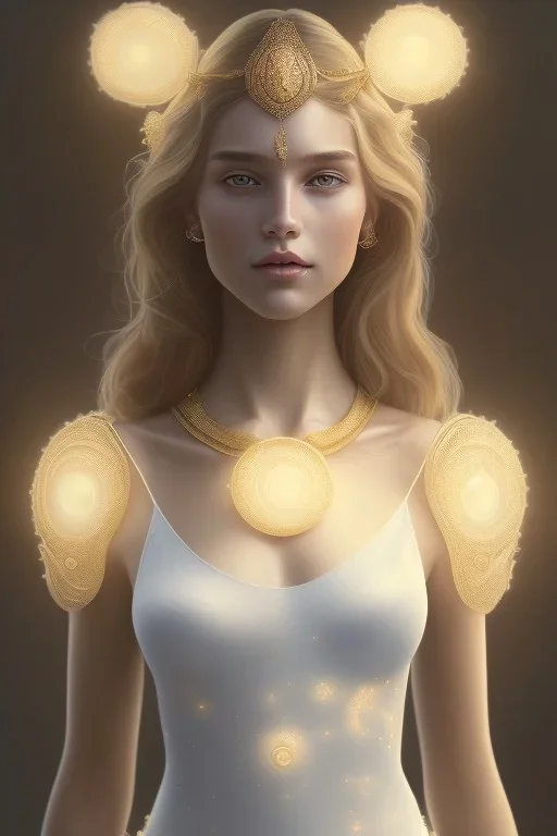 portrait of teenage aphrodite, light freckles, dirty blonde hair, smiling kindly, wearing an embroidered white linen dress, lace neckline, intricate, elegant, mother of pearl jewelry, glowing lights, highly detailed, digital painting, artstation, concept art, smooth, sharp focus, illustration, art by wlop, mucha, artgerm, and greg rutkowski