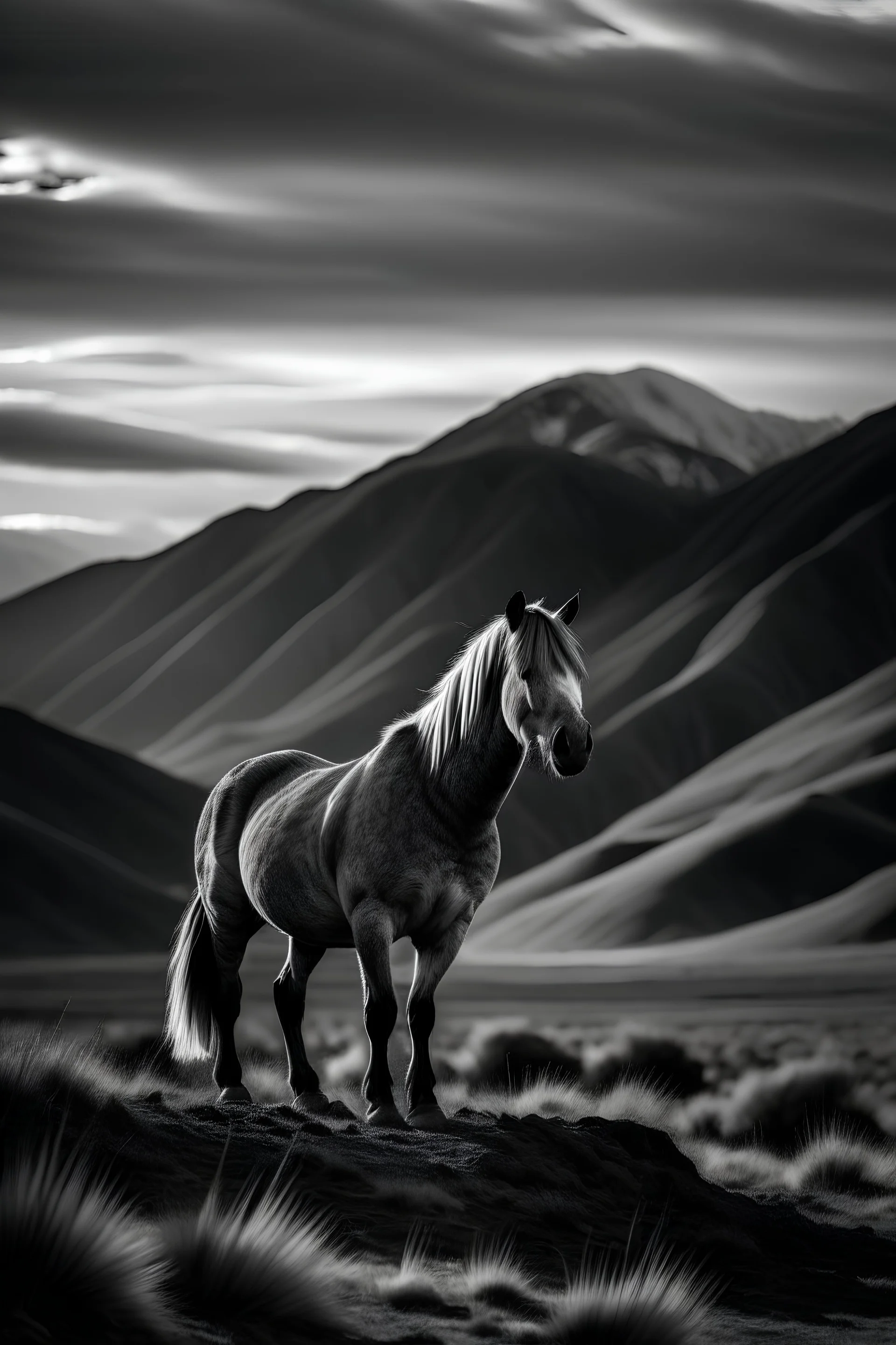 caballo en las montañas mendocinas, blanco y negro en un amanecer al estilo de van gogh