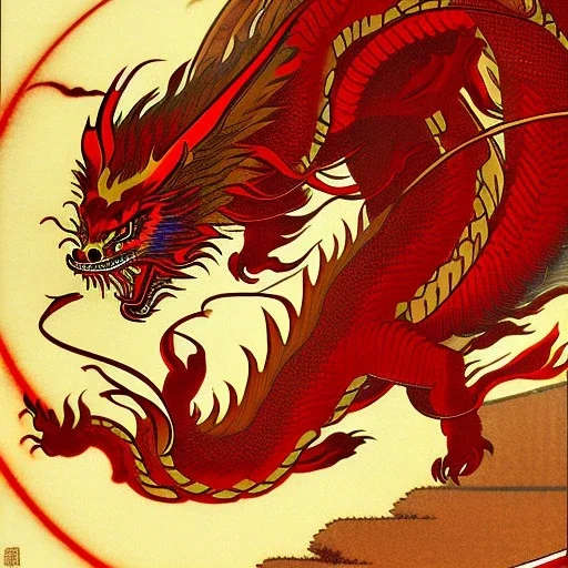 Ukiyo-e painting of a red dragon flying around a sun