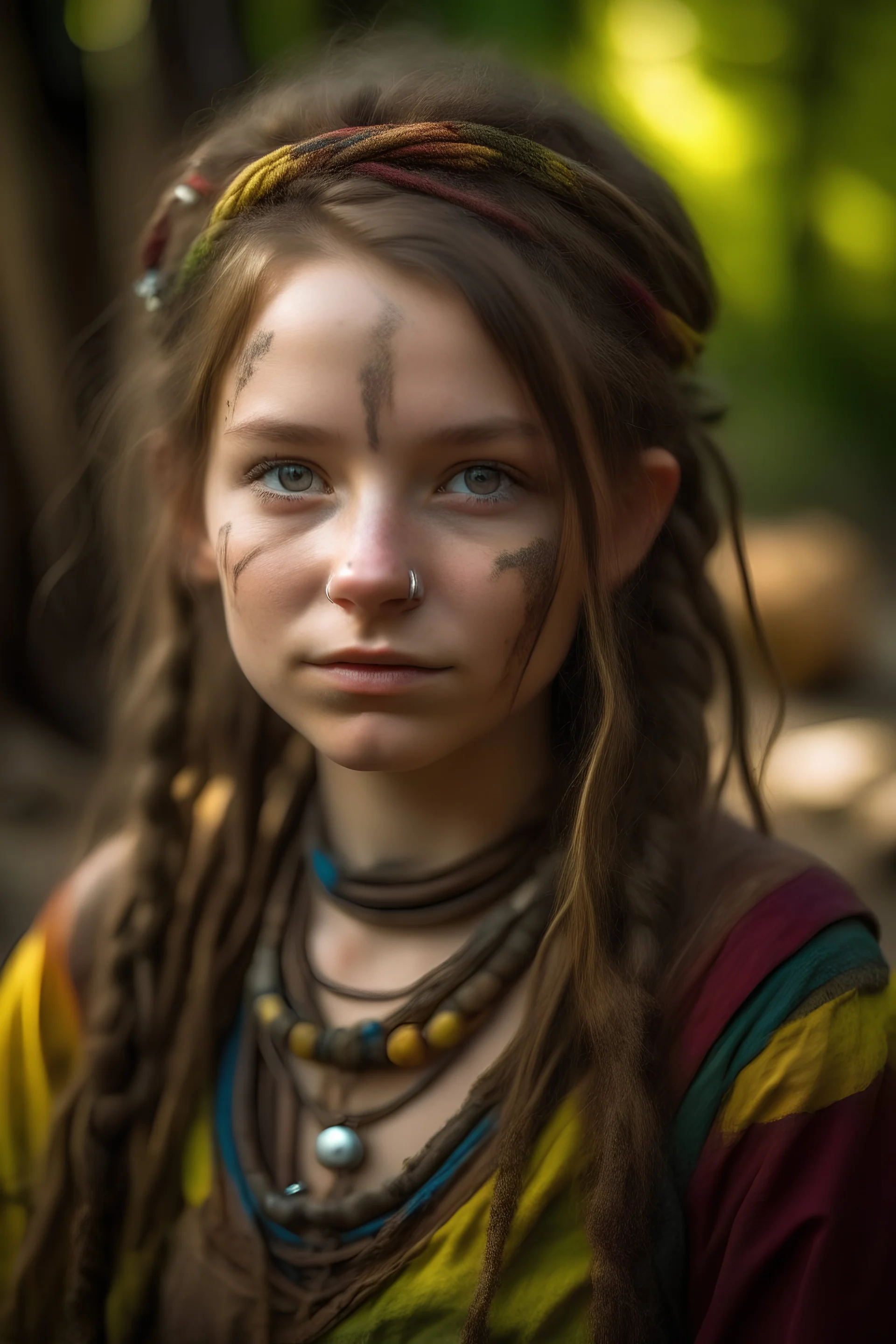 a realistic photo portrait of a teenage girl rogue and traveling entertainer. She has a mischievous yet innocent expression. her eyes are bright with a hint of cunning. Her attire is worn and threadbare, indicative of her poor background, with her colorful gypsy dress showing signs of repair and stained with mud. Her hair is messy, with a few loose braids. She stands in a crowded old tavern at night. Despite her poor appearance, she holds herself with a quiet confidence.