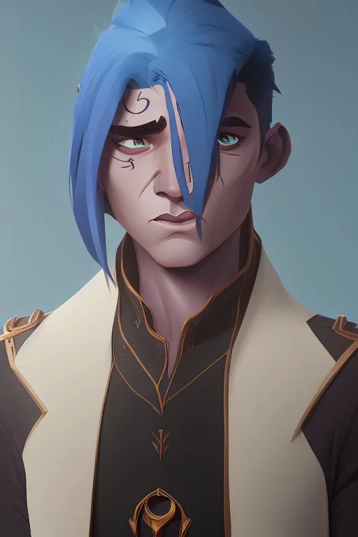 A tieffelin with blue skin and white Dreadlock hair. His pupil-less eyes are green. He wears a small beard. His horns are black and curved backwards. He wears a beige tunic.