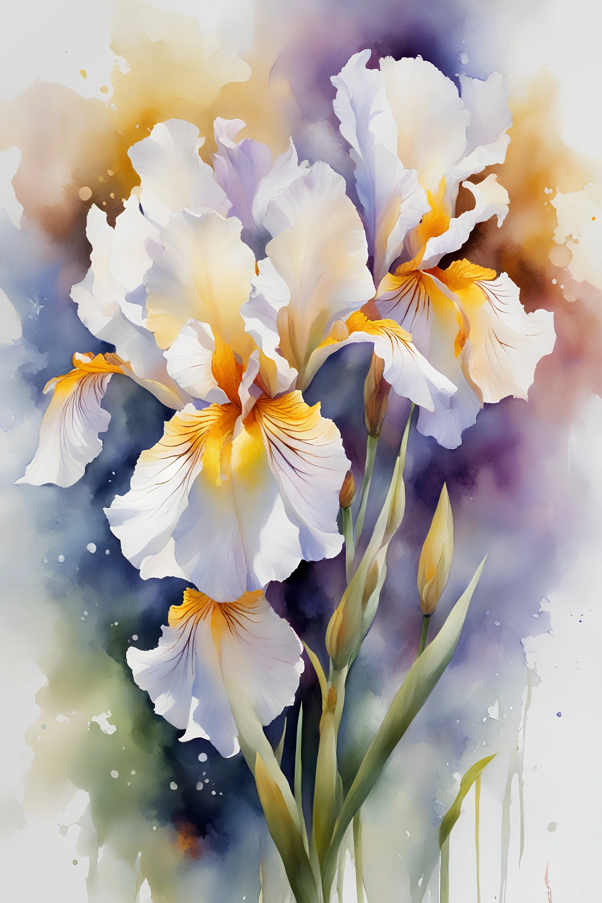 impressionistic, runny wet watercolor painting, Willem Haenraets style, ((best quality)), ((masterpiece)), ((realistic, digital art)), (hyper detailed), intricate details, (one) 2multicolored iris flowers, closeup, white background, vivid coloring, some splashes