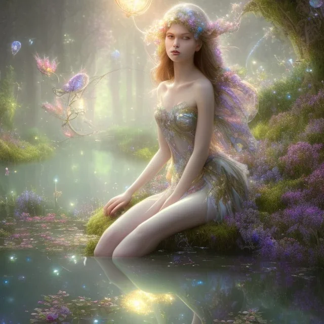 high-quality, fine-detail beautiful, stunning fairy sitting beside a clear, reflective lake, flowers, butterflies, small globes of iridescent light, tranquil, gorgeous, 8k resolution, 3D octane render, intricate, digital art, detailed matte, volumetric lighting, George Grie, Anne Dittman, Anne Stokes, Lisa Parker, Selina French,