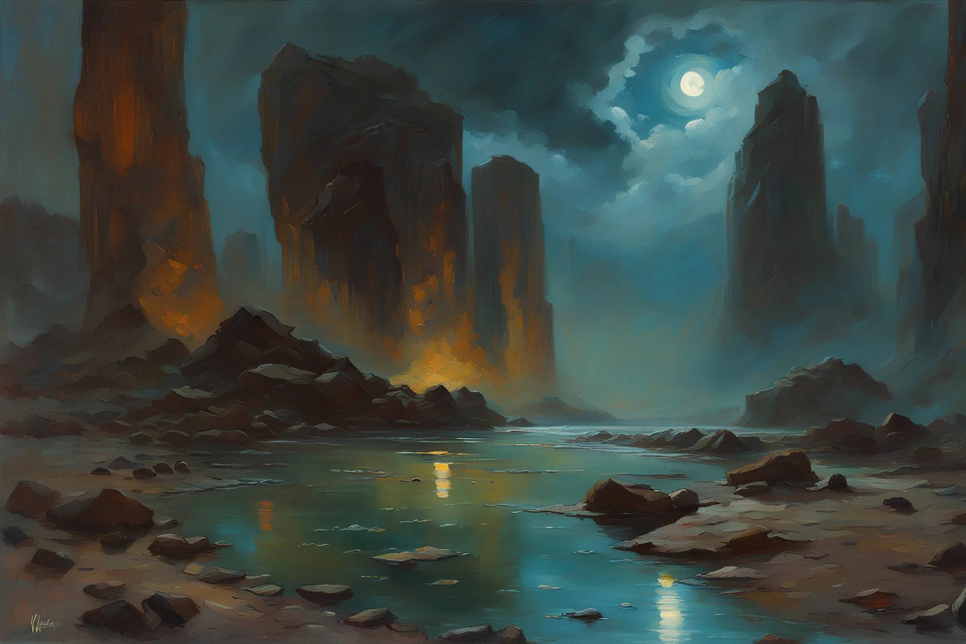 Night, clouds, rocks, puddle, mountains, sci-fi, epic, wilfrid de glehn and rodolphe wytsman impressionism paintings