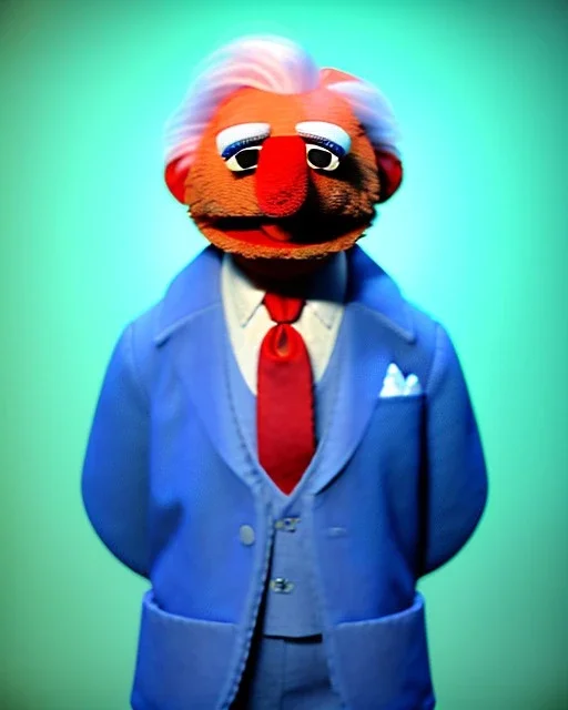 Waist up Portrait, joe Biden as muppet Sesame Street, Blue suit retro style, photo studio, unreal engine 5, concept art, art station, god lights, ray tracing, RTX, lumen lighting, ultra detail, volumetric lighting, 3d.