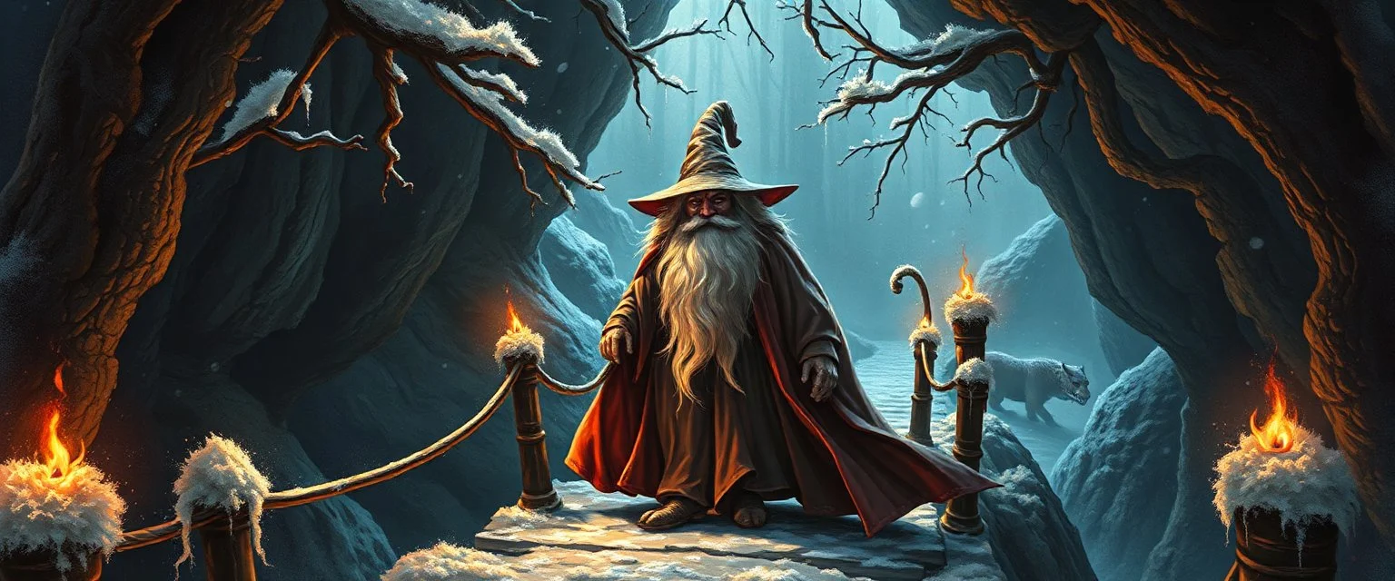 close up portrait of wizard on the bridge, Beneath the frozen boughs he strode, Where glassy frost did bite the road. The bridge did arch o’er shadowed flood, And whispering waters ran like blood. Each step a ghost, each breath a flame, The cavern shivered at his name. *(Verse II)* From corner dark, a rustle, a squeak, A nimble shadow, clever and meek. Its eyes did glimmer with childish guile, Yet laughter edged with malice vile. This creature small, yet fearsome bound, The