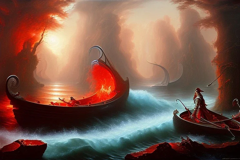 The red hot River Styx leading to hades, Charon, Impressionist brush strokes, high detail, dark dull color, oil painting,