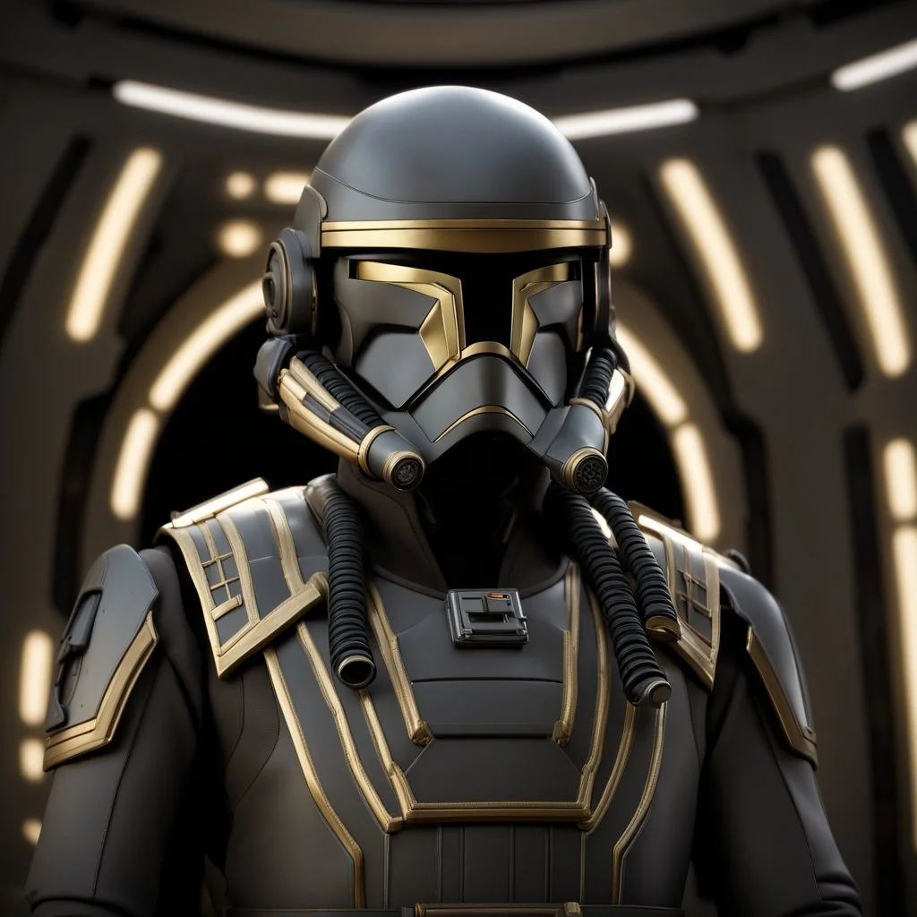 star wars bald male corellian pilot wearing gunmetal grey and black first order armored TIE pilot flightsuit and helmet with gold trim inside the jedi temple, centered head and shoulders portrait, hyperdetailed, dynamic lighting, hyperdetailed background, 8k resolution, volumetric lighting, light skin, fully symmetric details