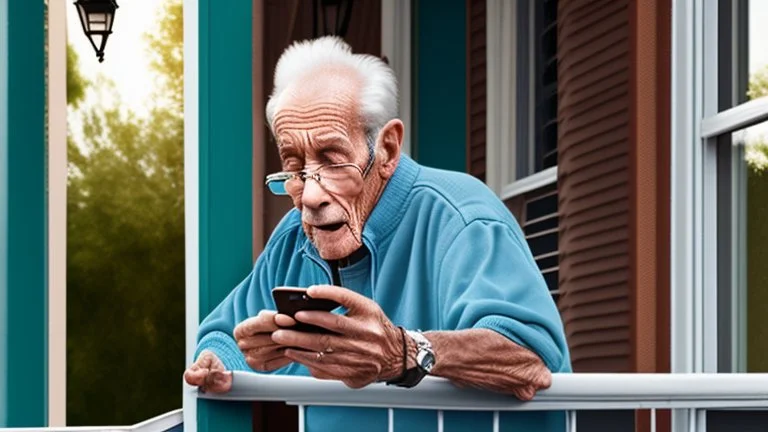 confused older man using cellphone on his porch chasing off the ducks