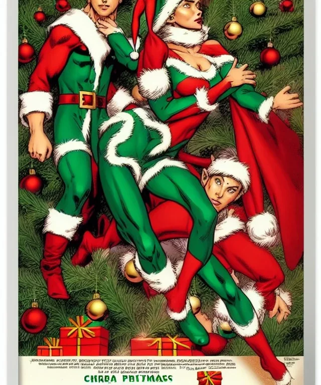 two elves. woman and man. stand apart. Christmas scene. poster. marvel comic. low-key