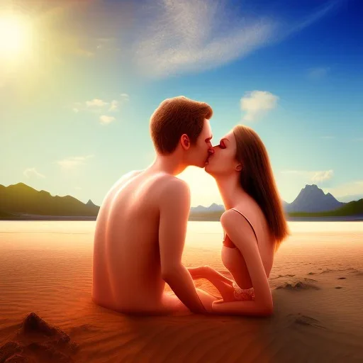 2 lovers last kiss in sand island with tent and river background