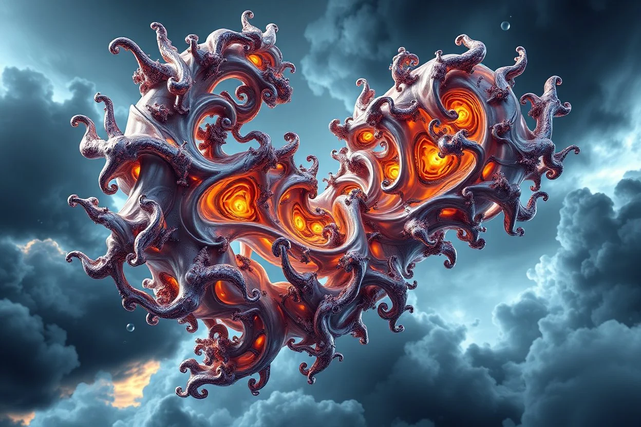 Dynamic complex hypnotic fractal 3D with horizontal Symmetry structures twisting and morphing between organic and geometric forms, smooth translucent iridescent glass with inner glow and bubbles, varied transparent materials, stormy skies, intense dramatic