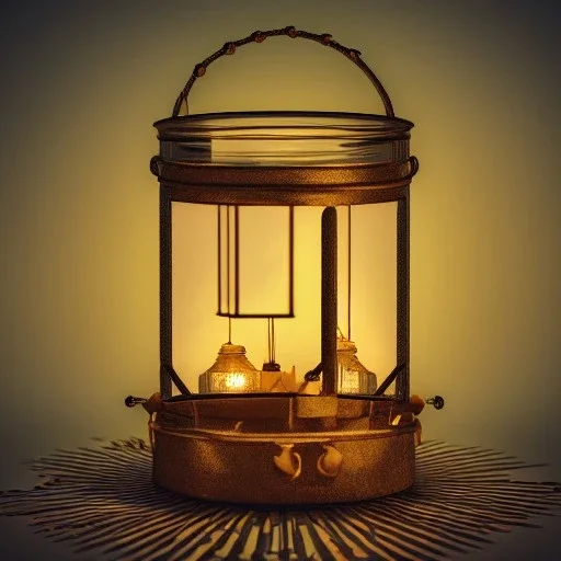 glowing fireflies in a lantern, many ghostly lights inside a belljar, fairy lights, polaroid, symmetry, bioluminescence, luminescent glow, moody, tender, photorealistic, octane render, golden hour