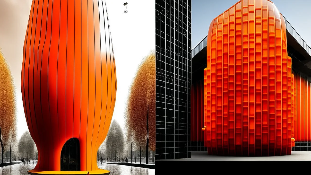 The image shows a surreal scene with several unusual and eye-catching elements. On the left, there is a structure that looks like a modern building with rectangular windows. However, instead of a normal façade, it has a giant orange half embedded in it, from which hangs a drop of liquid. On the right, a conical structure with a texture reminiscent of meat has a 50 euro note on top. A staircase connects the floor with an opening in the conical structure. On the ground, there are several stylized