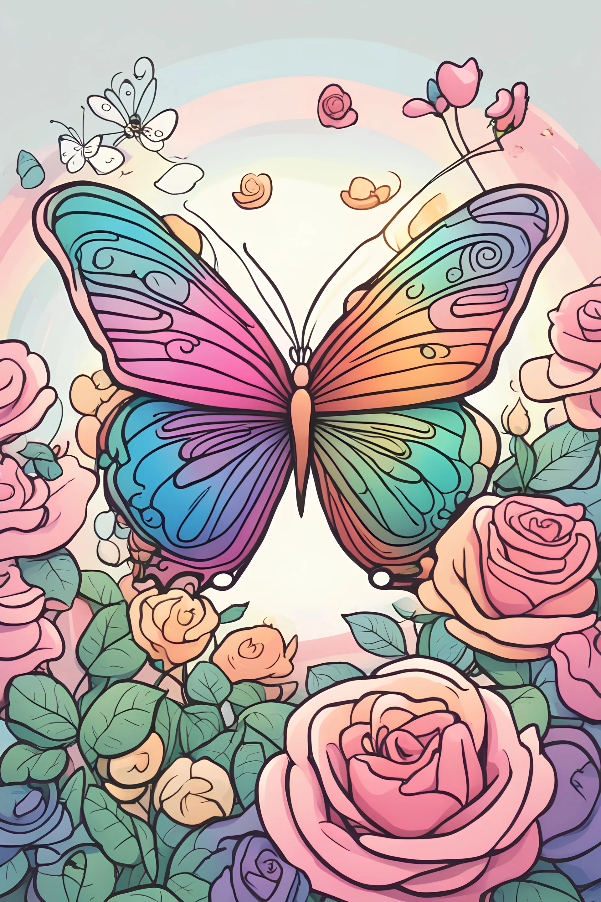 A Cartoon with thick line featuring a butterfly, rainbow, and Rose flowers.