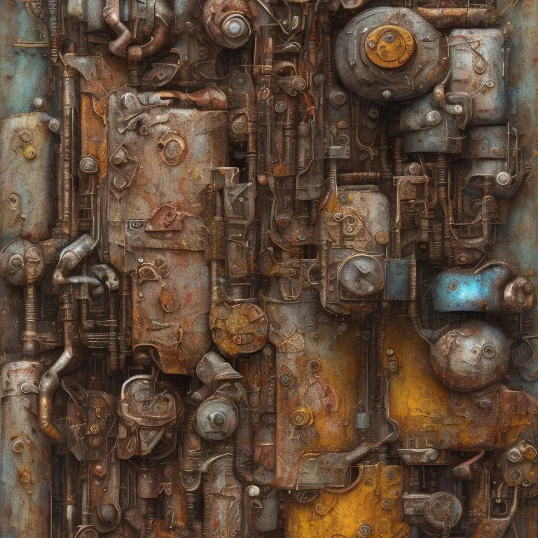 an abstract painting of rusted metal and flowers, african portrait, rust, scaffolding, iron cladding, decay, mixed media, textured, anatomically correct, beautiful perfect face, sharp focus, highly detailed,new york slums, apartment building ,rundown, realistic, unity engine, bloom,cinematic lighting,blue tone, octane render,