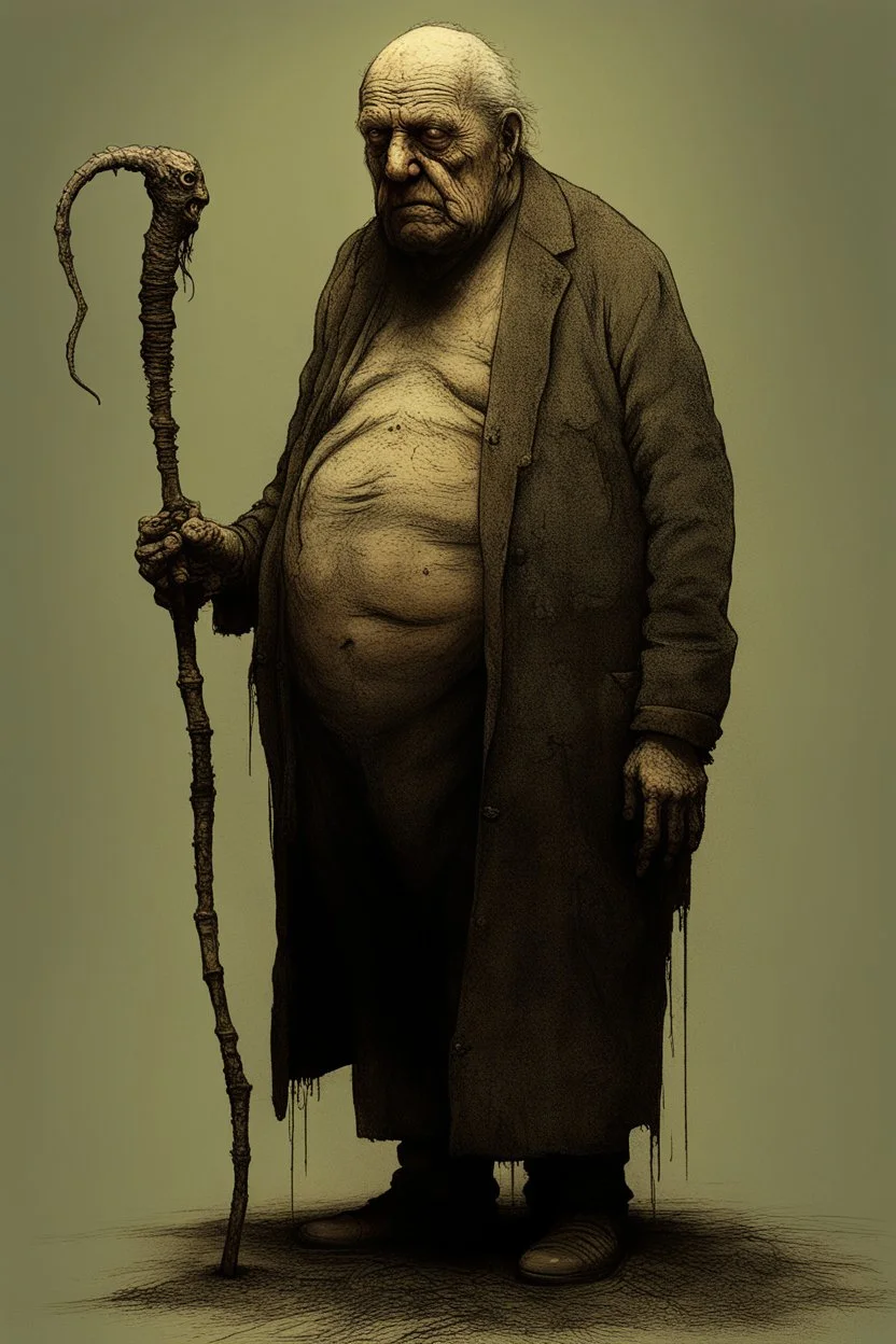 The full body of a fat old man holding a cane , decayed and rotting with grotesque proportions and imagery. surreal horror, biomechanical design, by hr giger and beksinski