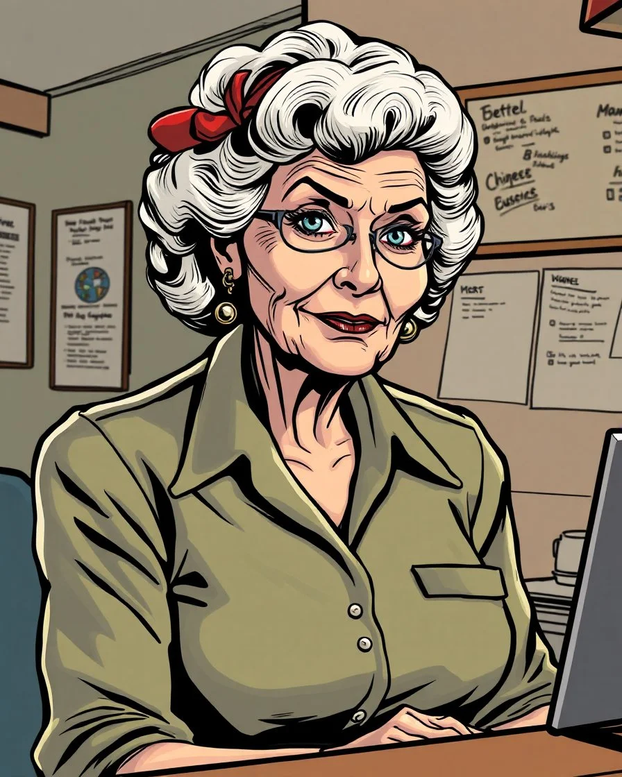 older woman hotel desk clerk from an american comic