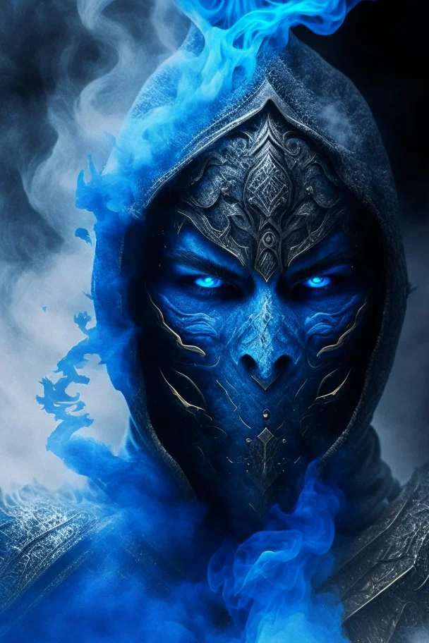 blue smoke in a shape of humanoid and a colour of a storm with eyes wearing a scalemail armor