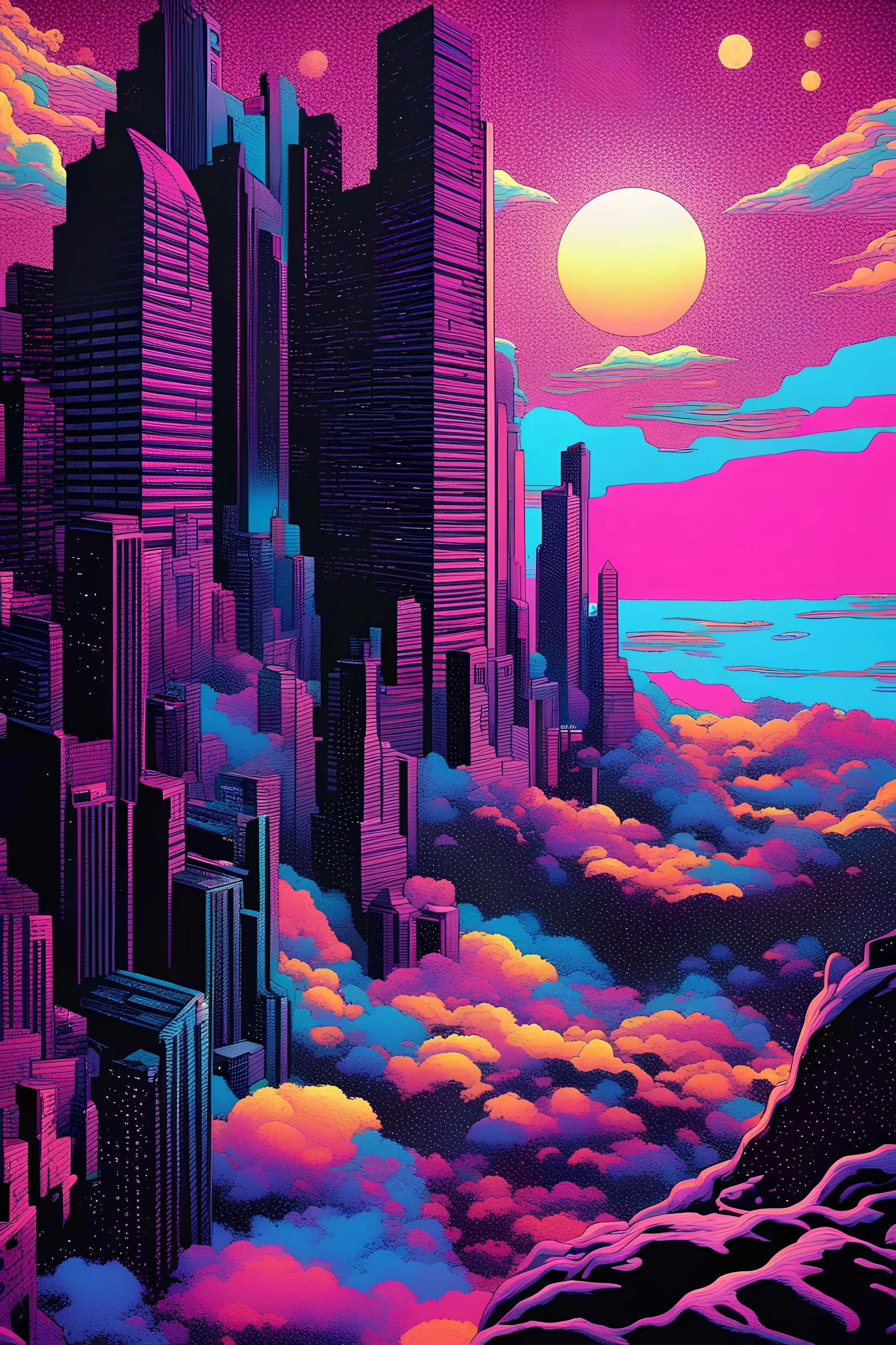 in the style of artgerm, comic style,3D model, mythical 80s landscape, negative space, space quixotic dreams, temporal hallucination, psychedelic, mystical, intricate details, very bright neon colors, (vantablack background:1.5), pointillism, very high contrast, chiaroscuro