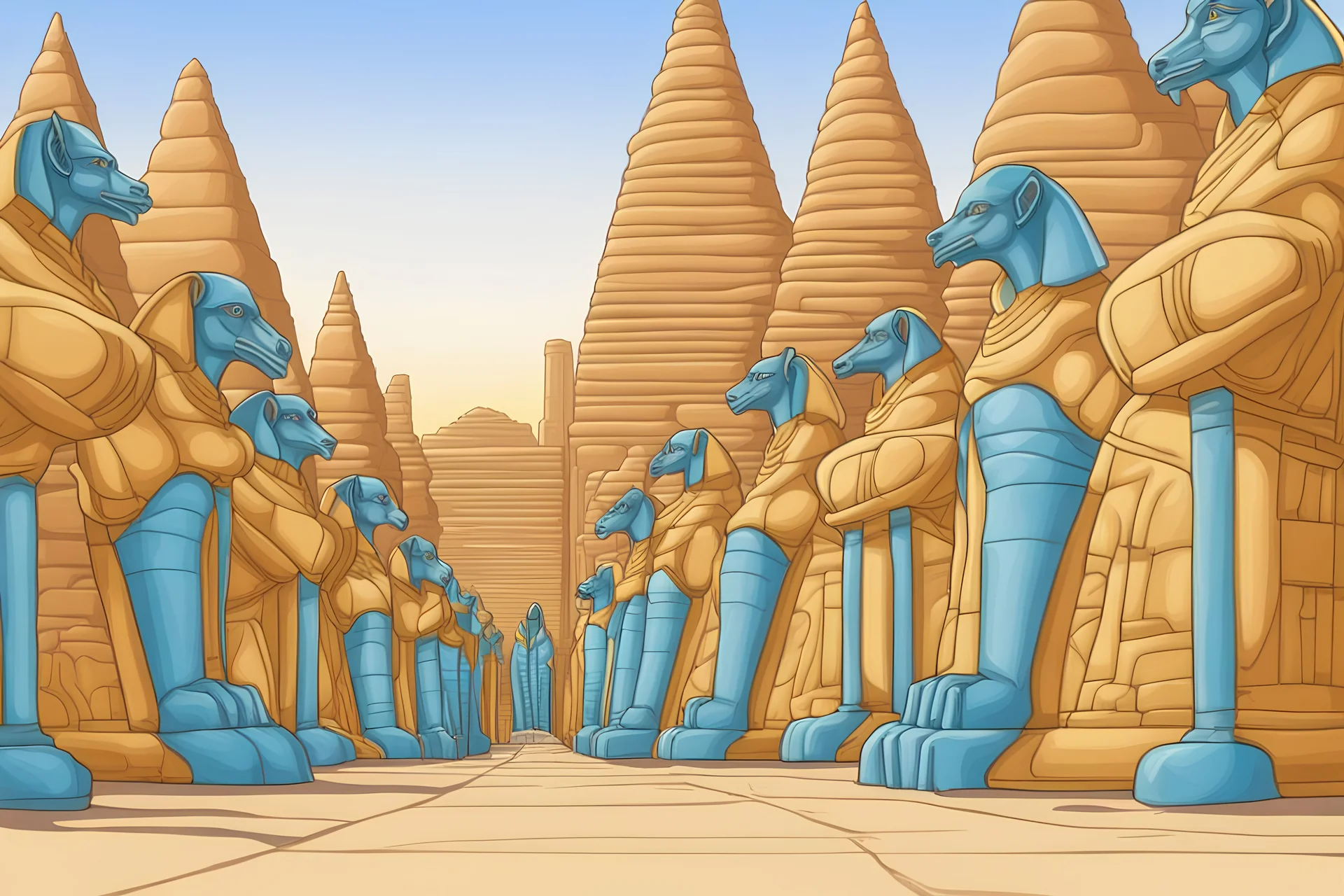 the alley of Egyptian glass sphinxes made of glass by artist "Dale Chiluhy", perspective, vanishing point, symmetrical