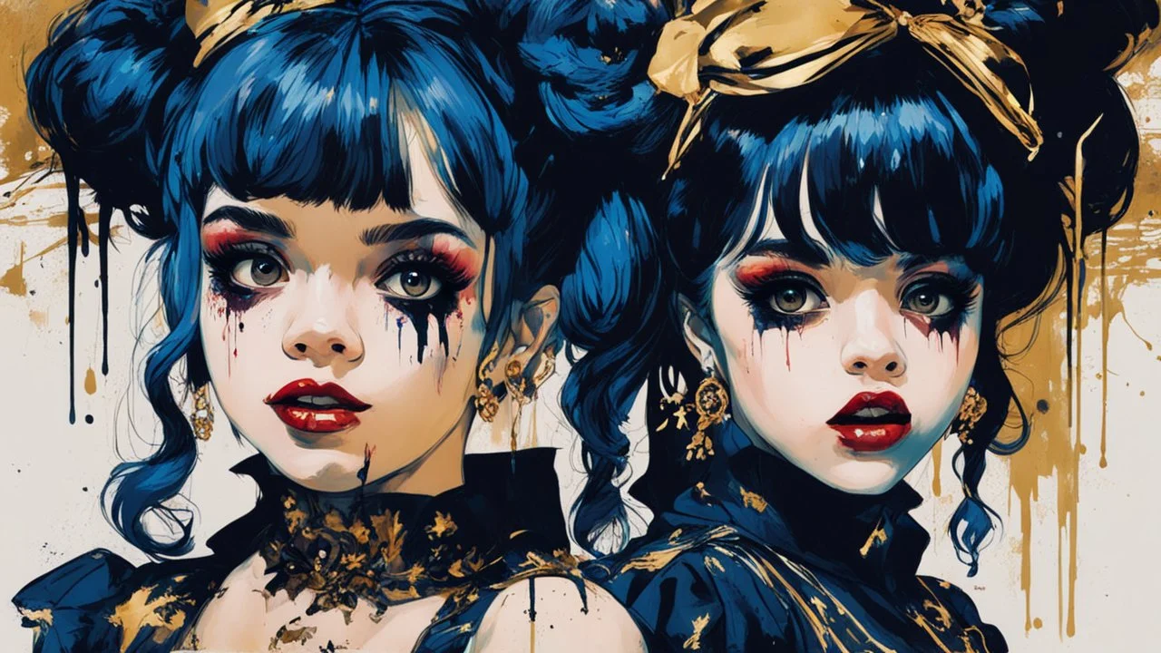 Poster in two gradually, a one side malevolent goth vampire girl face and other side the Singer Melanie Martinez face, painting by Yoji Shinkawa, darkblue and gold tones,