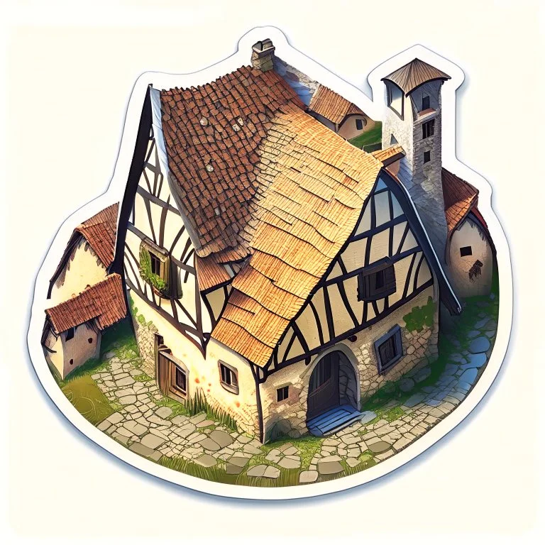 aerial view of a digital artwork of a medieval village house as a sticker