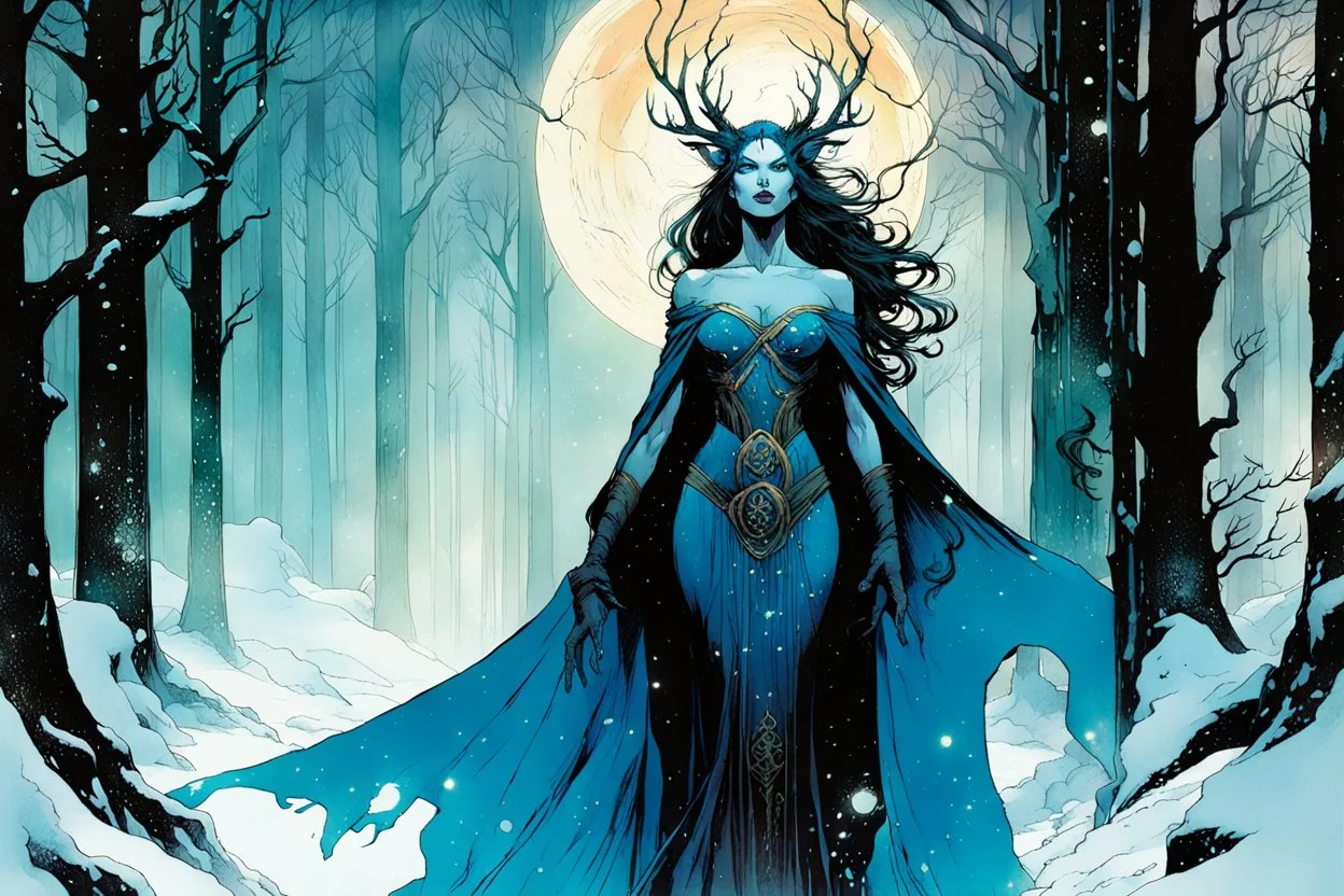 create a wildly conceptual full body portrait illustration of sorceress with highly detailed feminine facial features, in an ethereal, otherworldly , darkened, ancient winter forest , in the comic book art style of Bill Sienkiewicz, Mike Mignola, Sparth, and Jean Giraud Moebius, finely drawn, colored and inked, suffused with dramatic natural light and shadow under a midnight blue moon