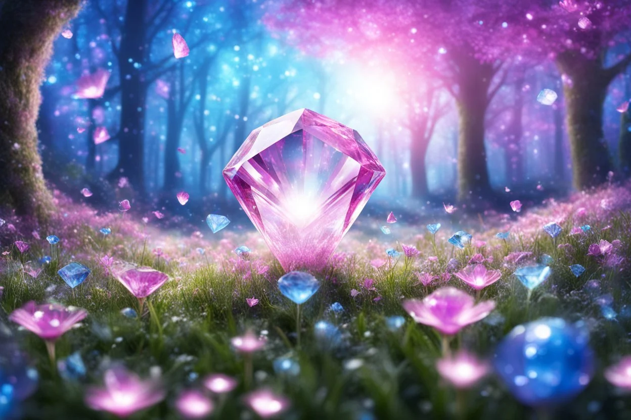 magic brightness diamon in a magic blue and pink lawn in a fairy forest, with lightness sky