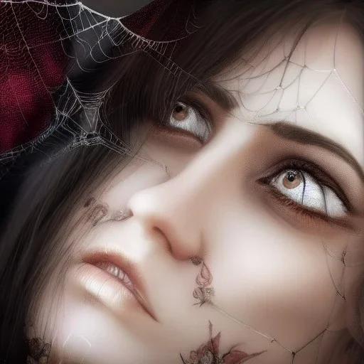 woman asleep on satin pillow with spiderwebs on face and mascara running down face, gothic, 8k, high-quality, fine-detail, intricate, sharp, crisp, digital art, detailed matte, illustration, octane render, brian froud, howard lyon, Anne Dittman, Anne Stokes, Lisa Parker, Selina French