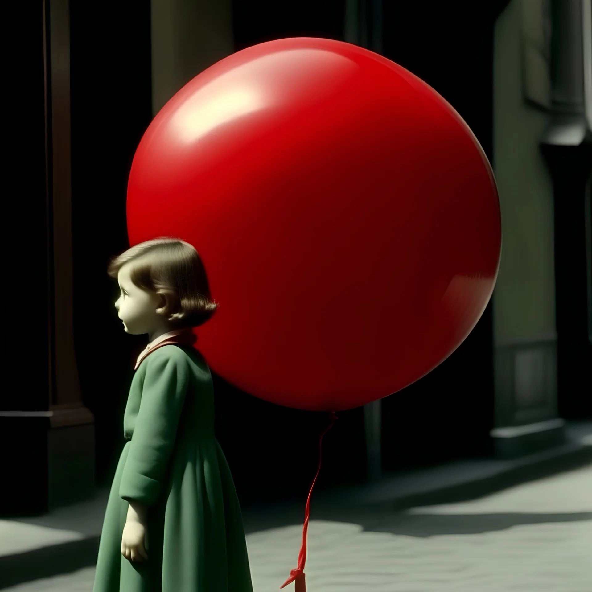 A girl talking to à red balloon, l, in the style of an autochrome