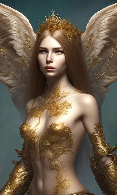 Female angel with beautiful perfect face big wings and golden crown floating above the ground in the dark enviroment, anatomically correct, michelangelo style, detailed, world of warcraft style, dark forest, trees, painting, brush strokes, 8k, dark forest in the background