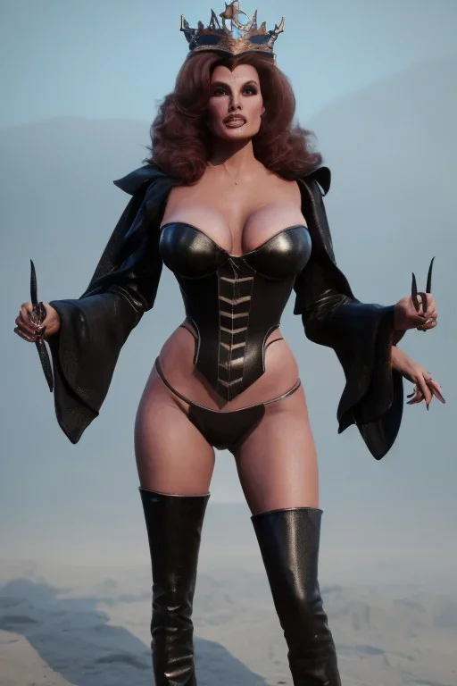 Raquel Welch as evil queen in black leather gown, angry, busty, curvey, cleavage, unreal 5, octane render,cinema4d, dynamic lighting, dramatic lighting, 4k, redshift render, highly detailed, hyper realistic