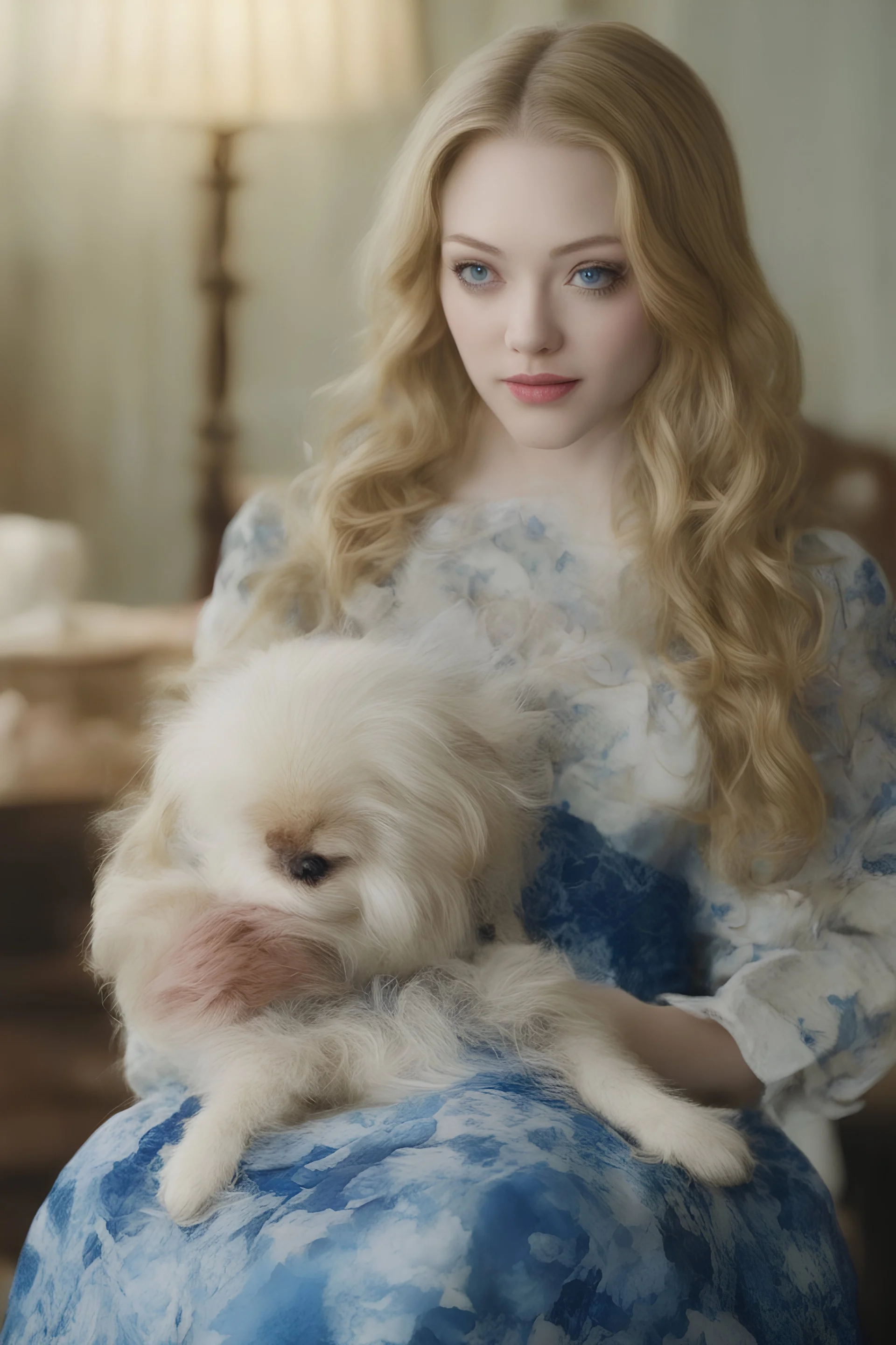 blue, large, Amanda Seyfried, blonde, floral designs, atmospheric, beautiful, China Doll, Lap dog,