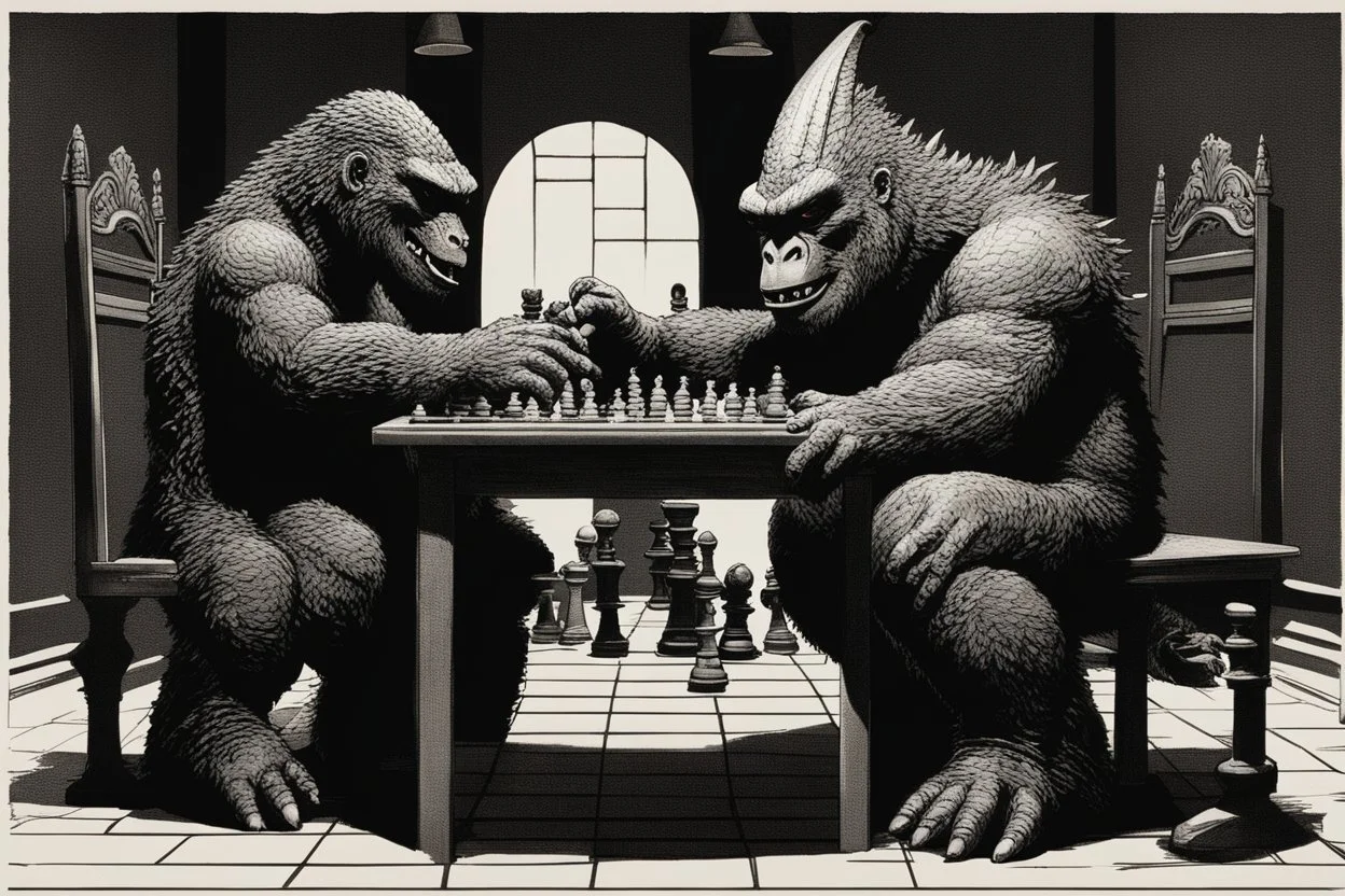 a Godzilla and king kong playing a game of chess