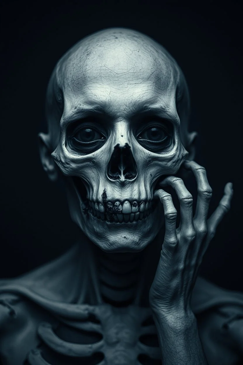 surreal abstract fade human portrait with pale skine with bones, lack black eyes, Darkness is sometimes, it is the moment of realization. The shadows rising from the depths are terrifying; they are the offspring of our minds, surreal abstract things andt shapes, . darkness looking me, and eating face, body, close up the crepy stunning portrait, shadows, evil darkness, surreal, thiller vibe, background vortex, abyss,crepy vibe, dinner of darknes, ntricate details, cinematic