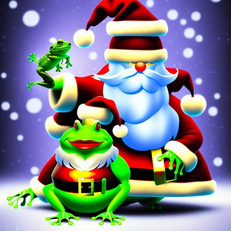 photograph, A giant frog is dressed as Santa Clause, large snowflakes fall