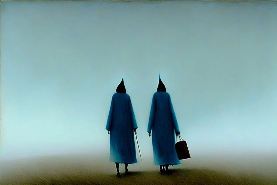 two people without gender seen from behind walking side by side in an empty foggy plain, above there is blue sky by artist "Leonora Carrington",by artist "Christian Schloe"