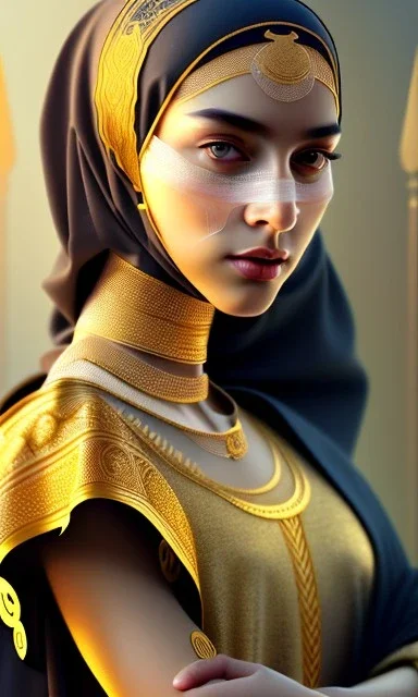 Arab young woman ,Arabic features، cute, beautiful, black eyes,Natural contours, real skin ,Modest Arabic style dress، head and shoulders portrait, cinematic, 8k, resolution concept art portrait by Greg Rutkowski, Artgerm, WLOP, Alphonse Mucha dynamic lighting hyperdetailed intricately detailed