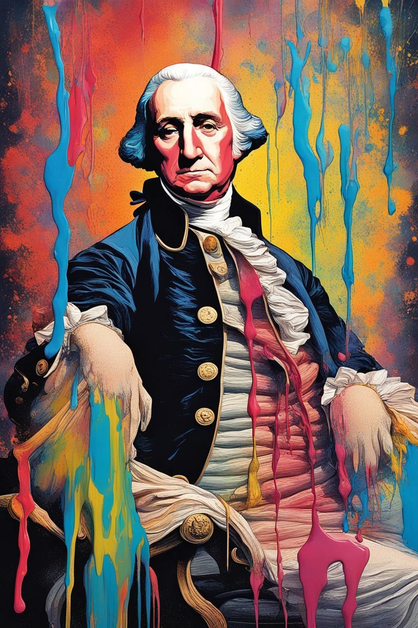 "Generate an artistic portrayal of George Washington's visage slowly melting, resembling paint trickling down a canvas, capturing the surreal transformation with vivid colors and fluid motion."