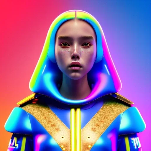 latin woman teenager, few freckles, gold teeth, inflatable coat, purpurin, retro futuristic, latex dress, gradient color, BLUE, PINK, CYAN, neon, insanely detailed, 16k resolution, perfect eyes, cinematic smooth, intricate detail