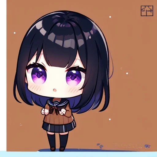 Clear focus, High resolution, long black hair, purple eyes, wearing a sailor uniform, wearing a brown vest, wearing a sailor skirt, chibi, cute, cartoon