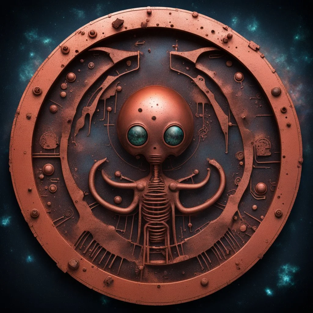 Create an image of old corrosion computer copper with strange aliens out of this world shaped Symbol