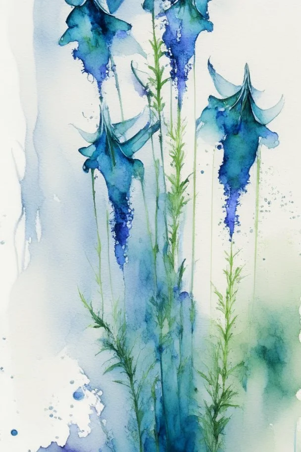 Abstract wet watercolour, blue green stalks delphiniums, centered