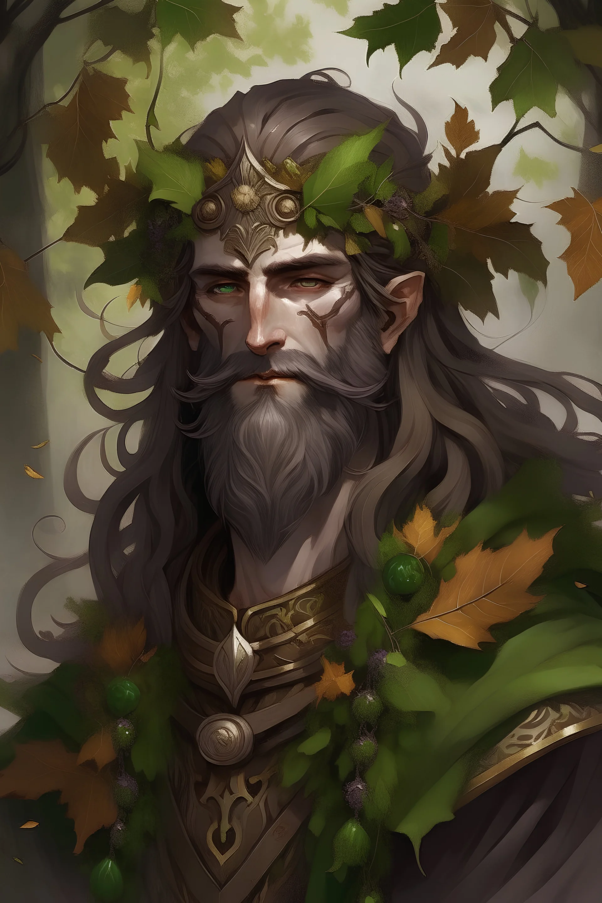 Generate character art for a wood elf, drawing inspiration from the classical image of Dionysus. Envision him with long, flowing dark hair and a beard, embodying the untamed allure associated with the god of wine and revelry. Give him body hair to match his beard. Embrace the Dionysian spirit by infusing the artwork with symbols of celebration. Grape leaves or goblets of wines